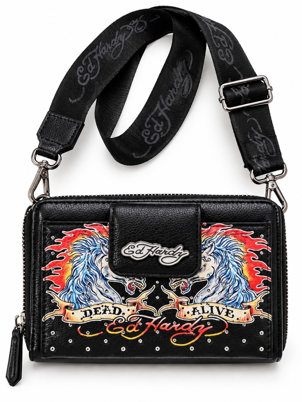 Ed Hardy Dead Alive Wallet Crossbody Bag Black With Rhinestones - Y2K Icon - NWT